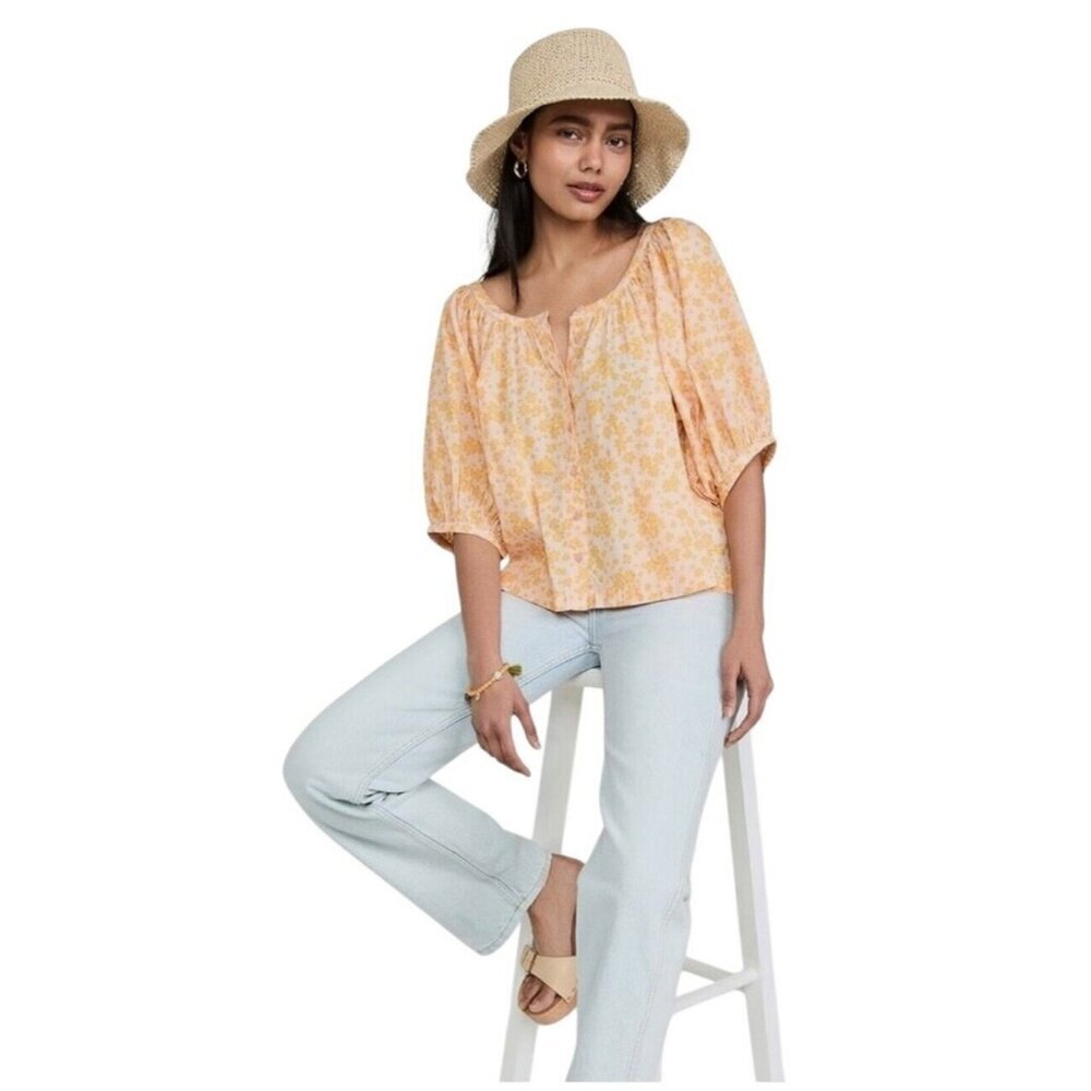 Sundry Womens XS Yellow Floral Puff Sleeve Button Front Cotton Blouse Top NWT - Picture 2 of 11